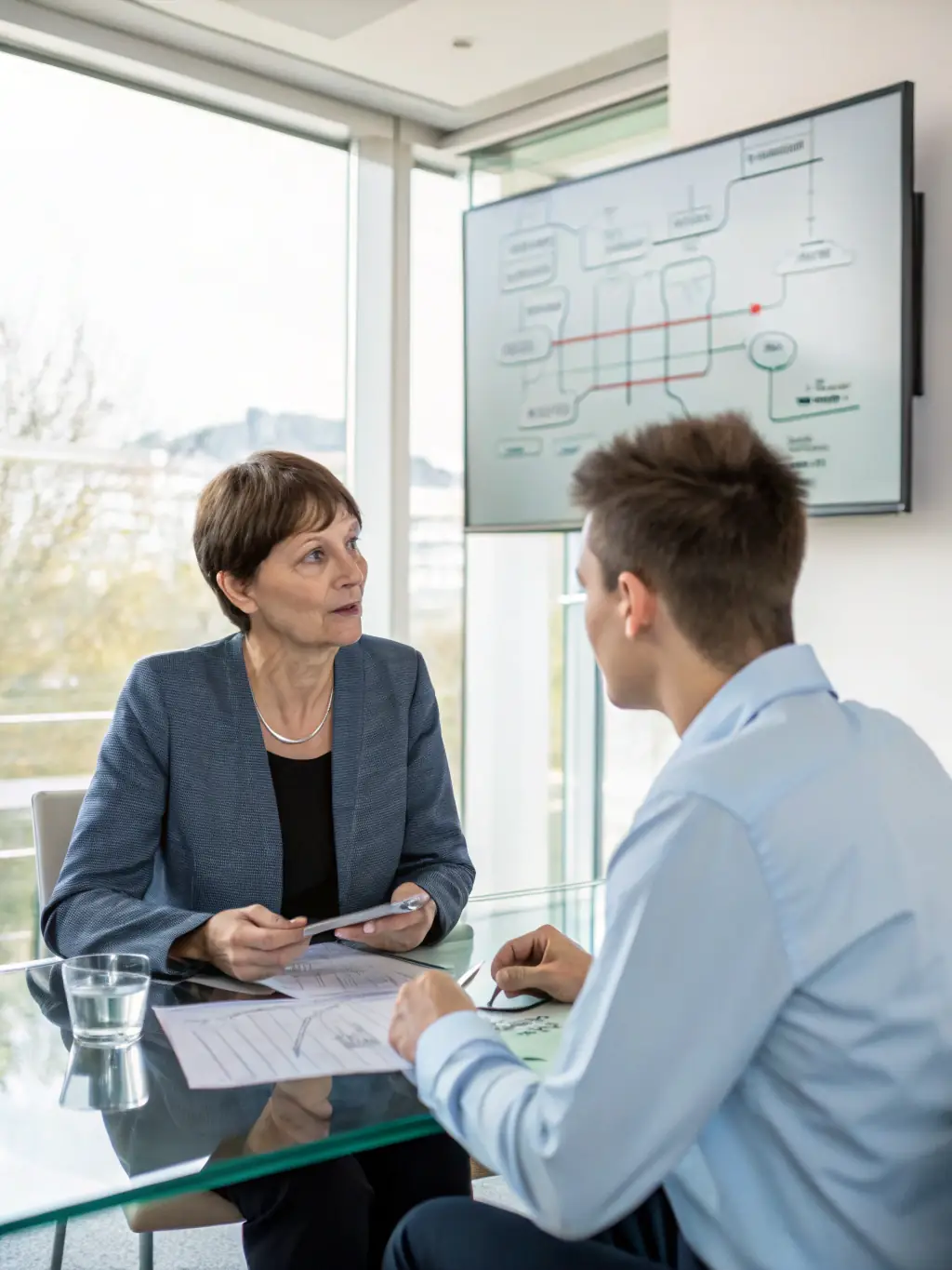 A consultant reviewing a network diagram with a client in a brightly lit office, emphasizing collaboration and strategic planning.