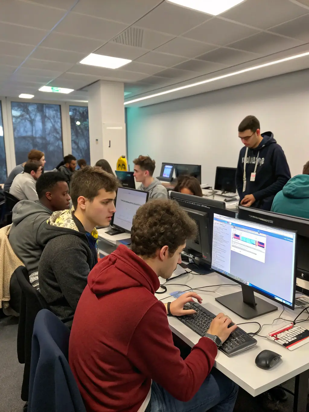 A group of employees participating in a technology training session, learning new software skills in a modern classroom.