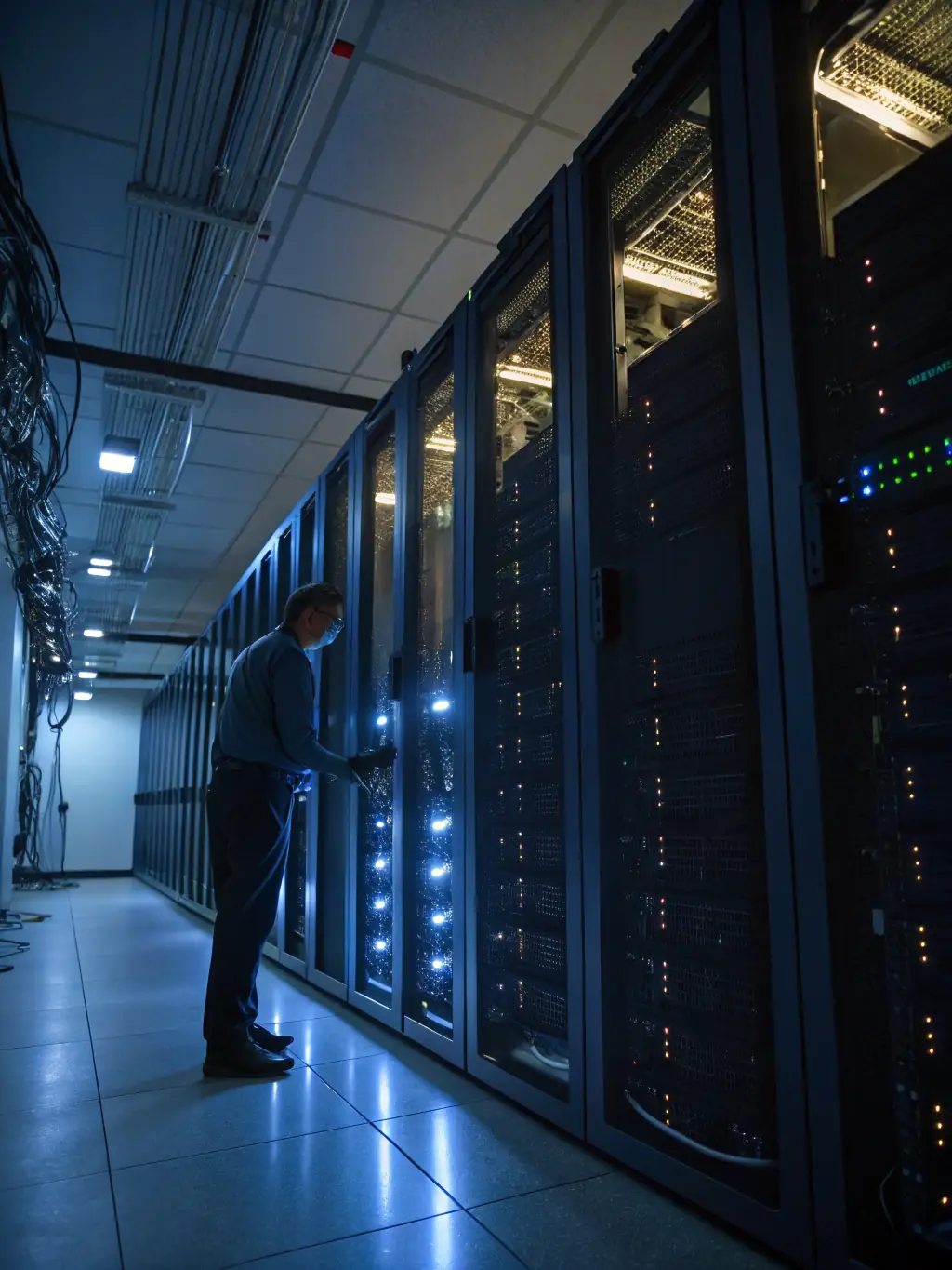 A server room with blinking lights and a technician monitoring the systems, highlighting the importance of infrastructure management.
